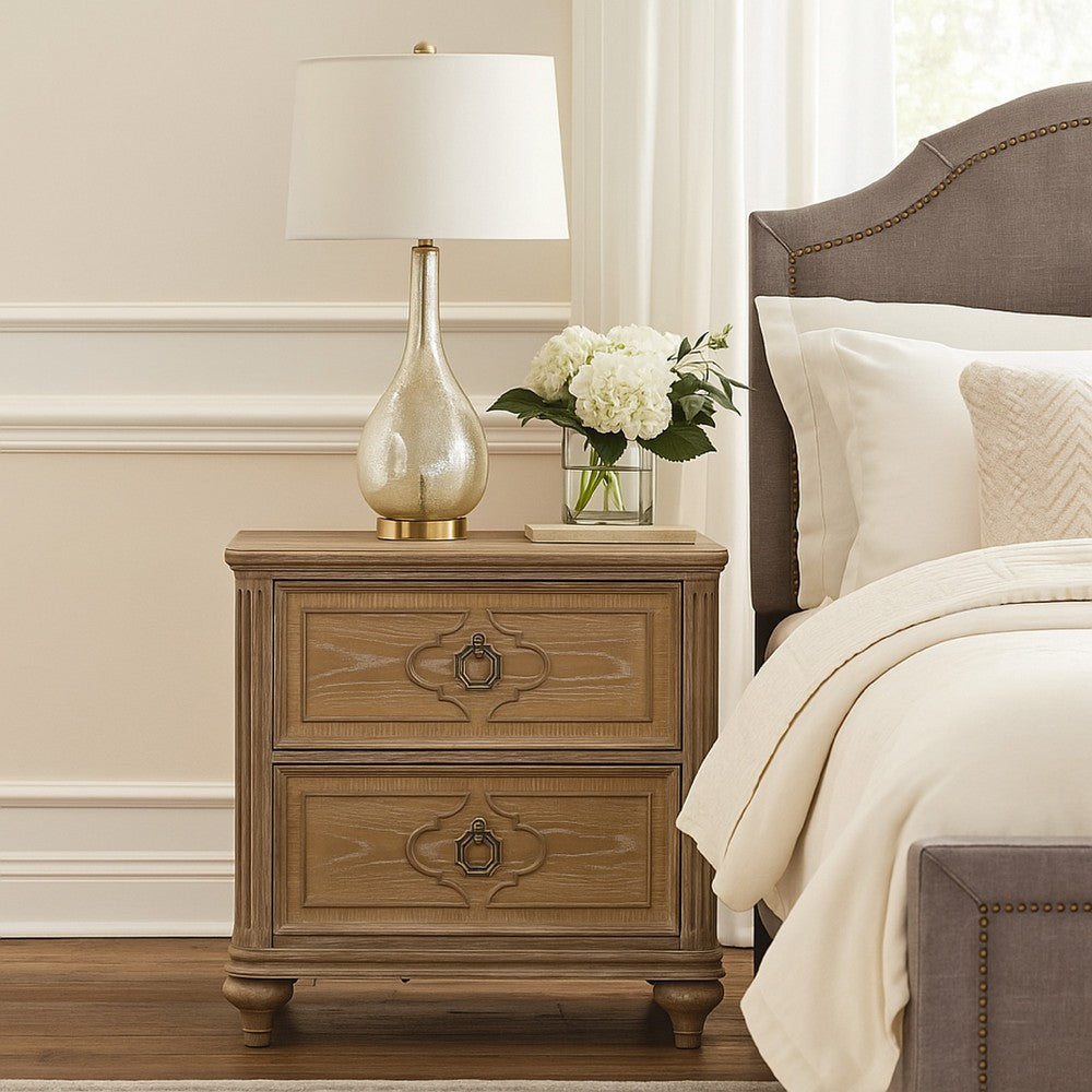 Benjara Lyla Nightstand w USB, 2 Drawers, Rustic Oak Solid Wood Frame, 30 Inch