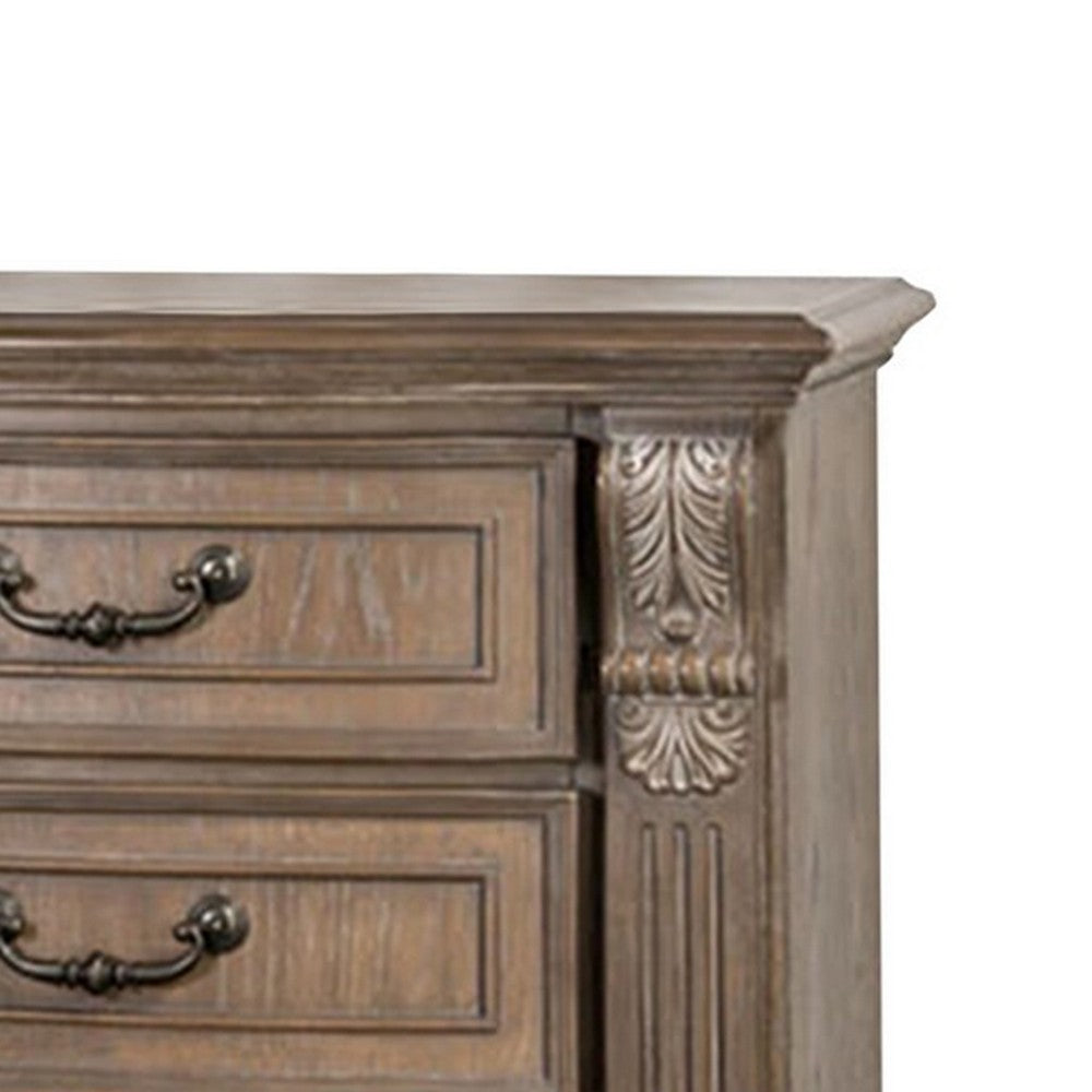 Benjara Reven Nightstand, 3 Drawers, Weathered Oak Brown Wood, Metal, 31 Inch