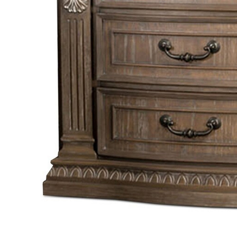 Benjara Reven Nightstand, 3 Drawers, Weathered Oak Brown Wood, Metal, 31 Inch