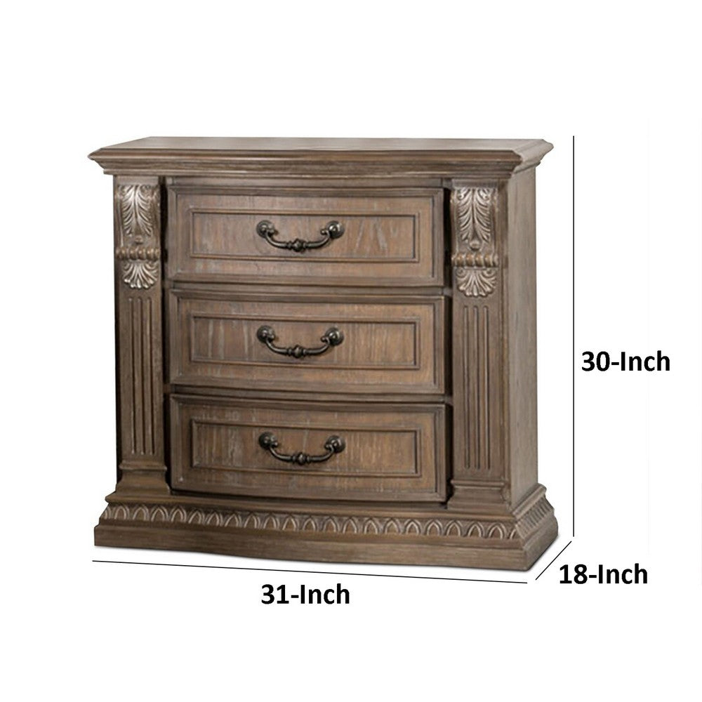 Benjara Reven Nightstand, 3 Drawers, Weathered Oak Brown Wood, Metal, 31 Inch