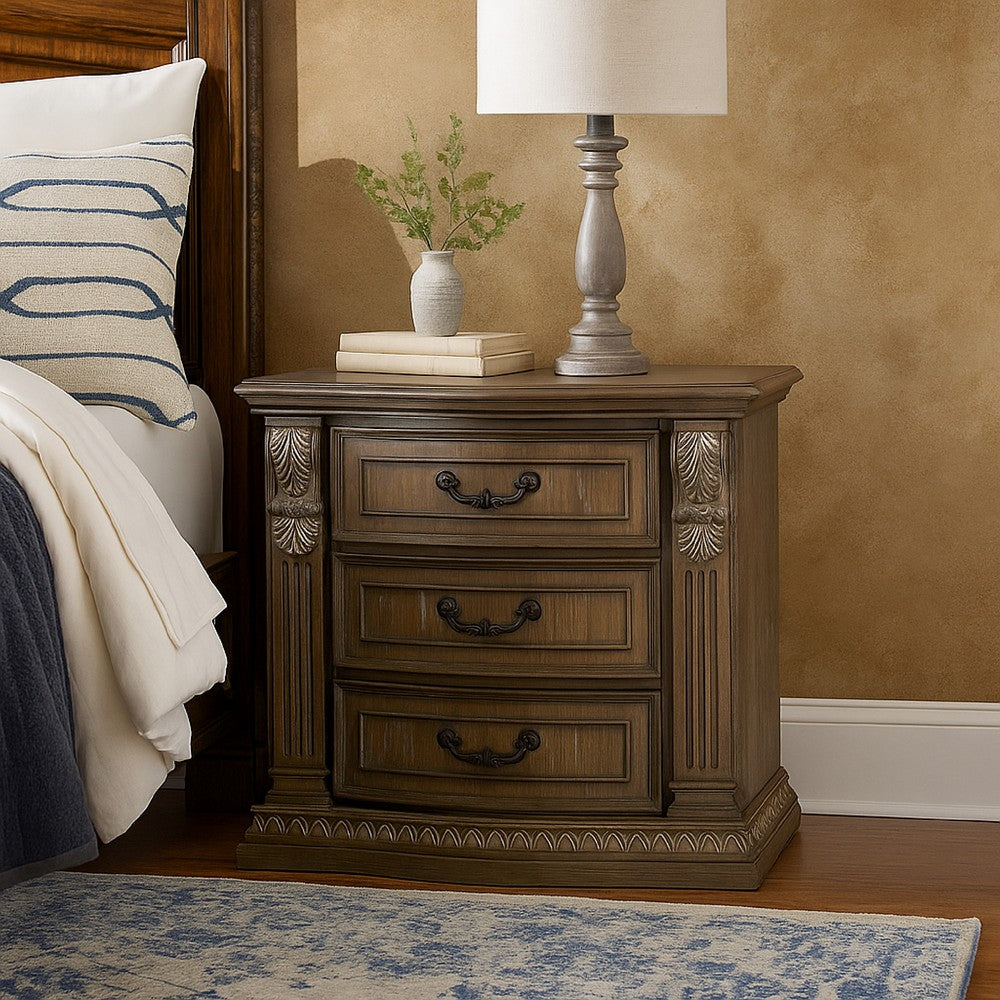 Benjara Reven Nightstand, 3 Drawers, Weathered Oak Brown Wood, Metal, 31 Inch