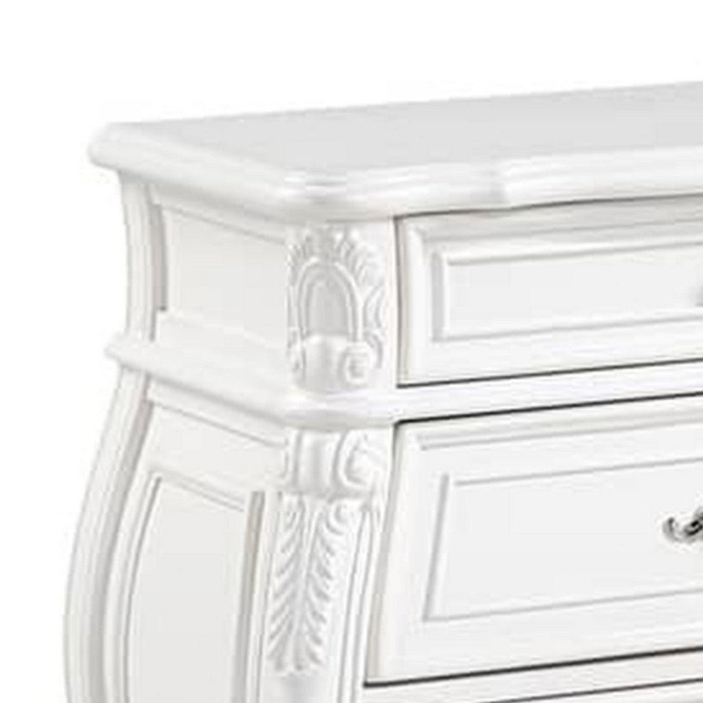 Benjara Valena Nightstand, 3 Drawers, White Solid Wood, Metal Handles, 31 Inch
