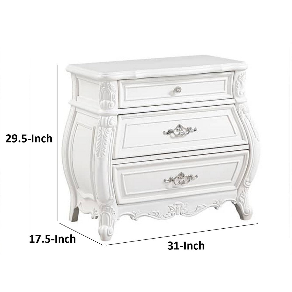 Benjara Valena Nightstand, 3 Drawers, White Solid Wood, Metal Handles, 31 Inch