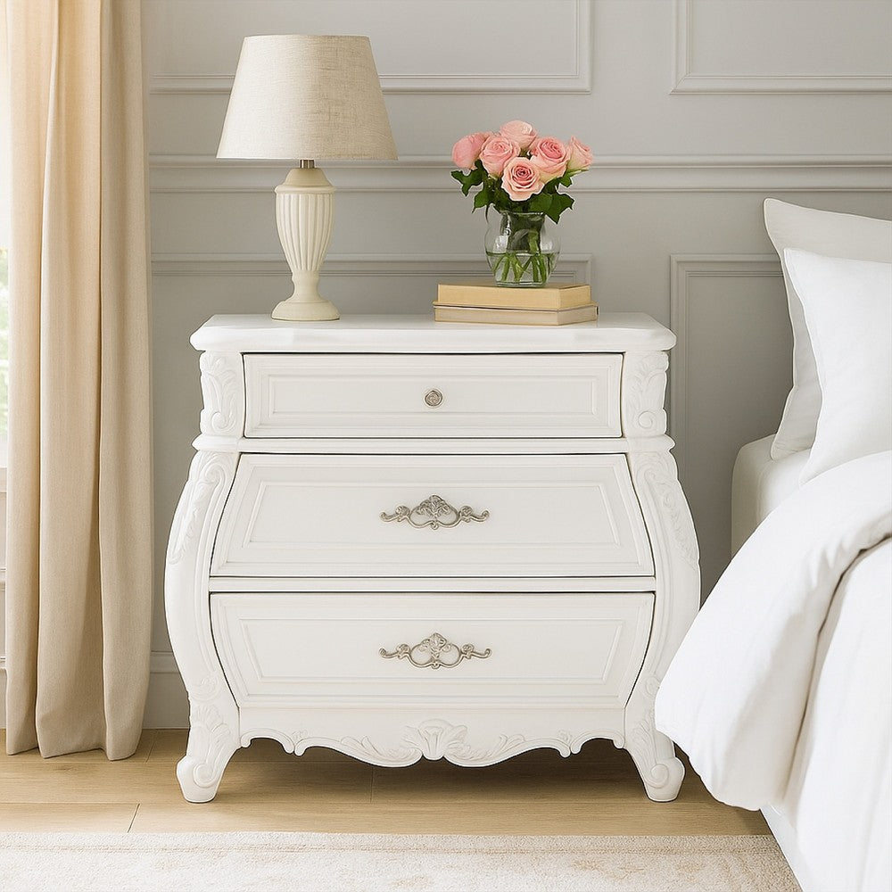 Benjara Valena Nightstand, 3 Drawers, White Solid Wood, Metal Handles, 31 Inch