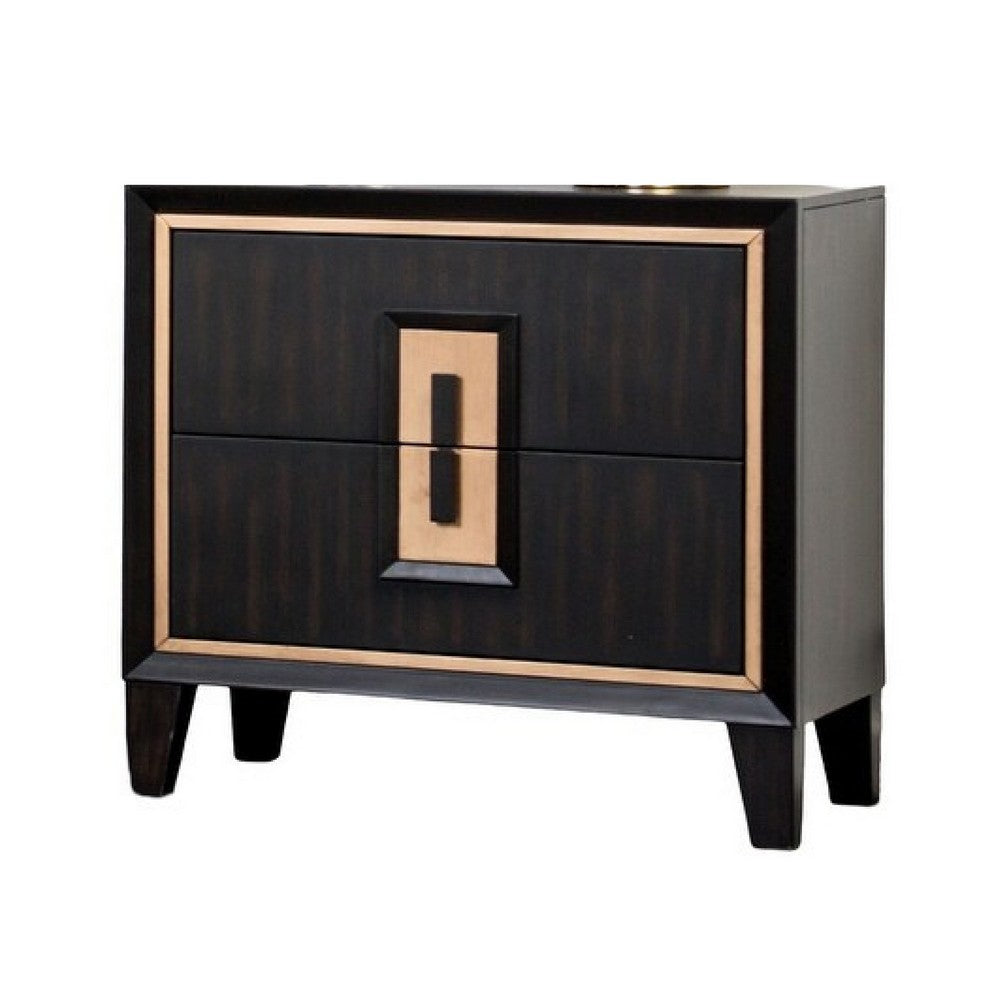 Benjara Yada Nightstand, 2 Drawers, Espresso Brown Solid Wood, Gold, 27 Inch