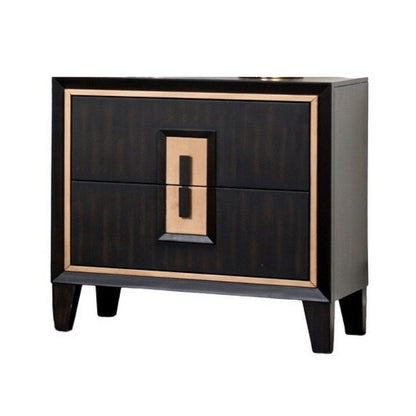Benjara Yada Nightstand, 2 Drawers, Espresso Brown Solid Wood, Gold, 27 Inch