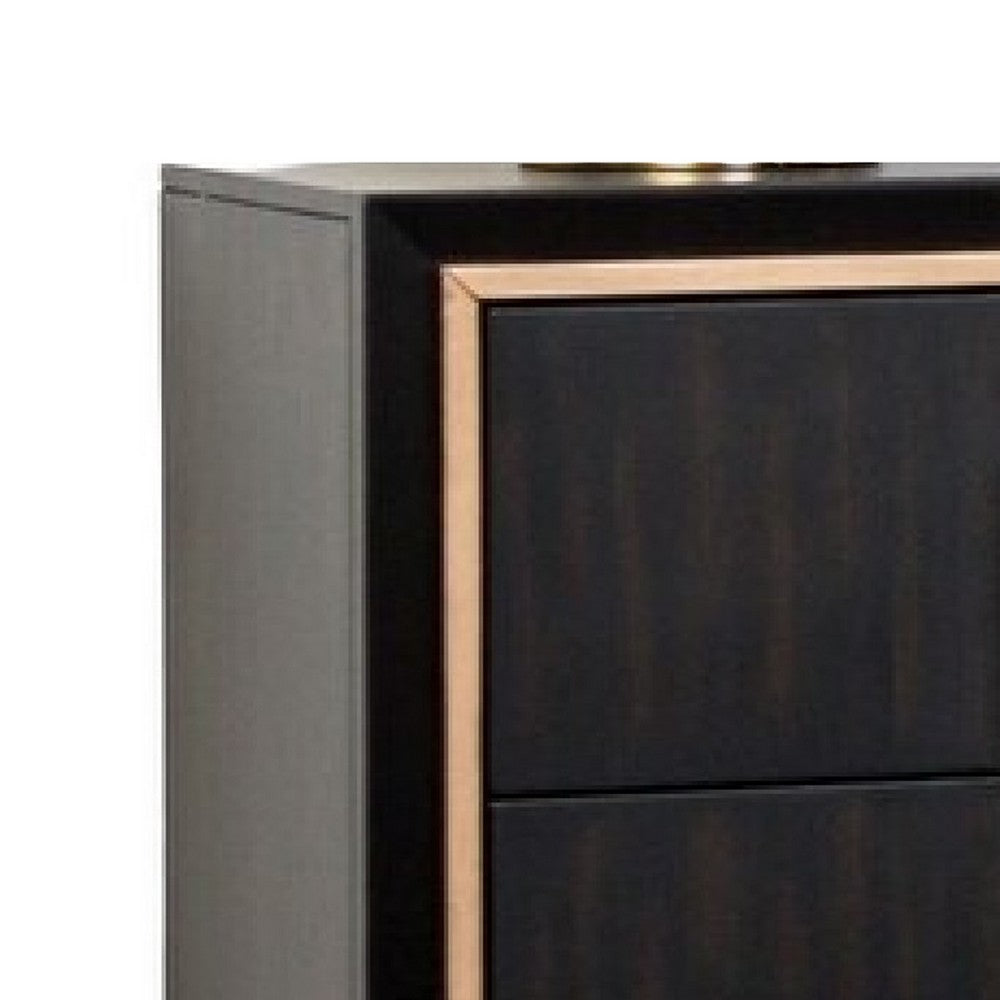 Benjara Yada Nightstand, 2 Drawers, Espresso Brown Solid Wood, Gold, 27 Inch