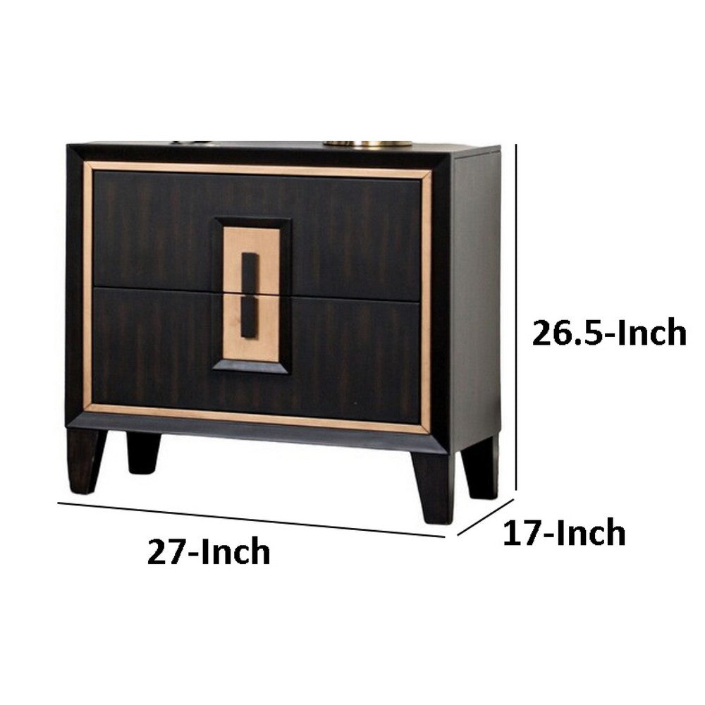 Benjara Yada Nightstand, 2 Drawers, Espresso Brown Solid Wood, Gold, 27 Inch
