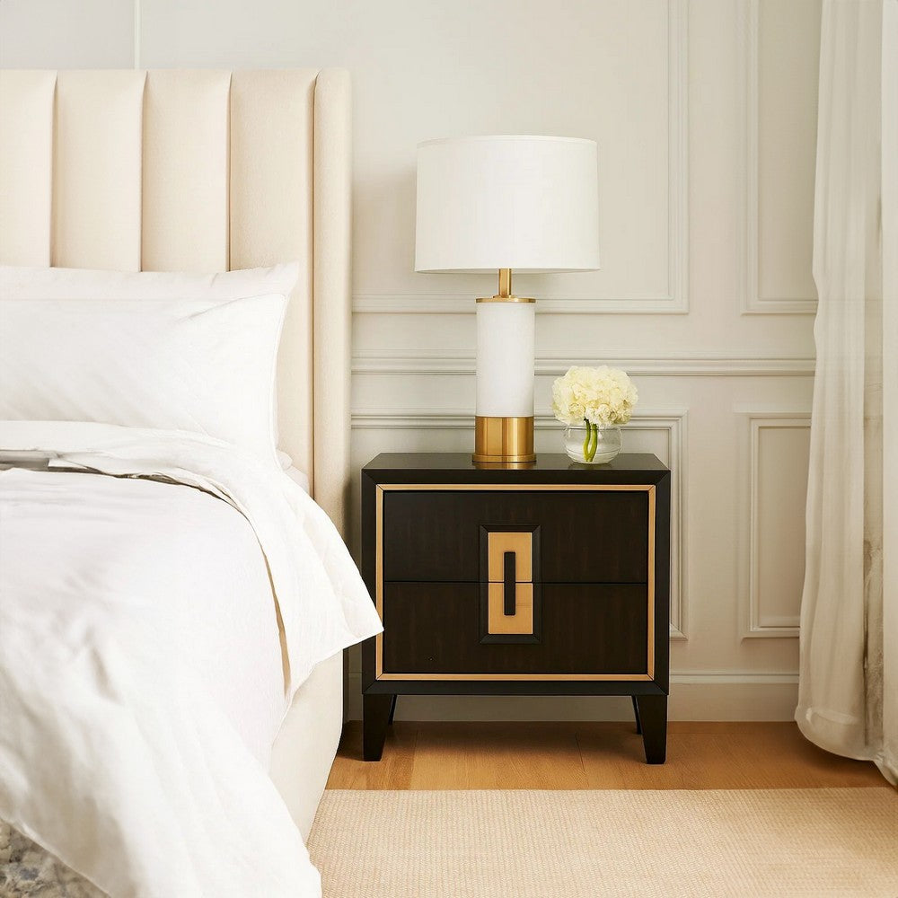 Benjara Yada Nightstand, 2 Drawers, Espresso Brown Solid Wood, Gold, 27 Inch