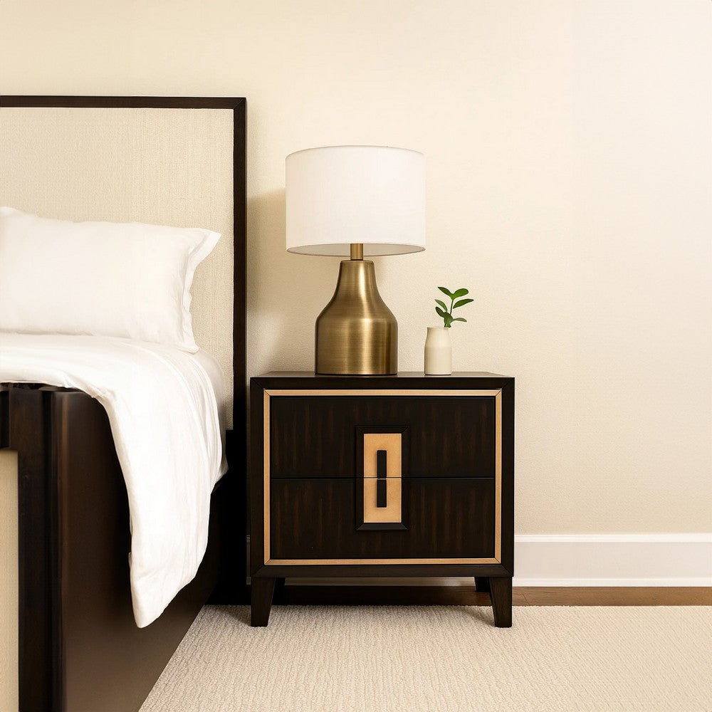 Benjara Yada Nightstand, 2 Drawers, Espresso Brown Solid Wood, Gold, 27 Inch