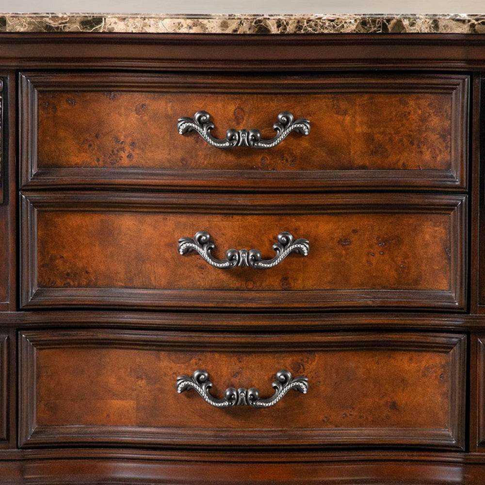 Benjara Iliana Nightstand, 3 Drawers, Ornate Oak And Dark Cherry Brown, 33 Inch