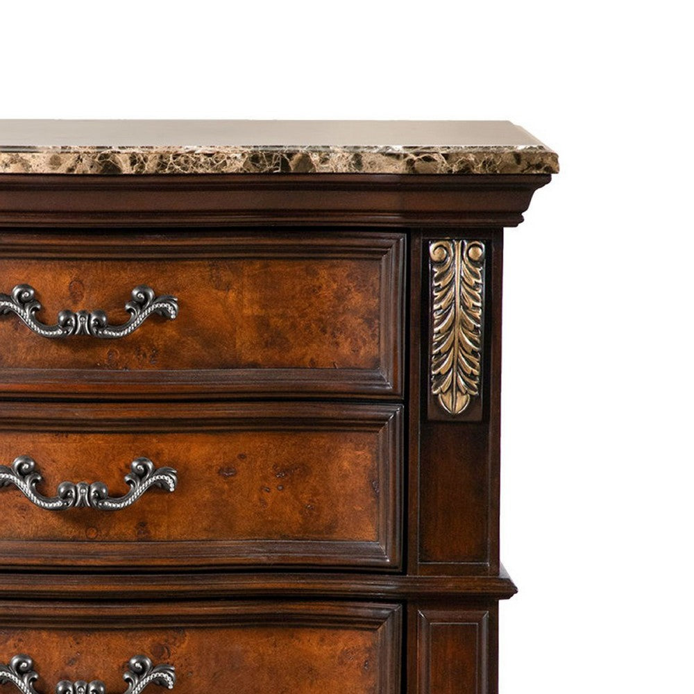 Benjara Iliana Nightstand, 3 Drawers, Ornate Oak And Dark Cherry Brown, 33 Inch