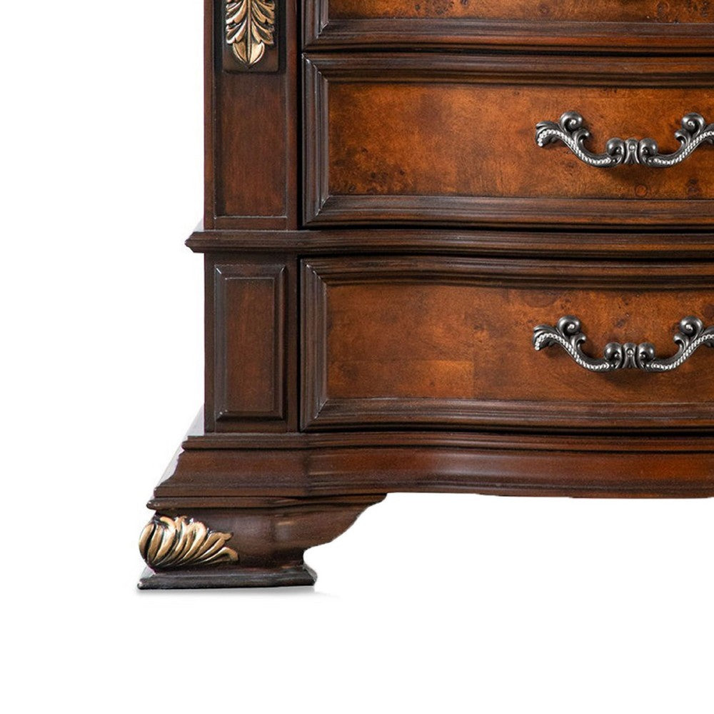 Benjara Iliana Nightstand, 3 Drawers, Ornate Oak And Dark Cherry Brown, 33 Inch