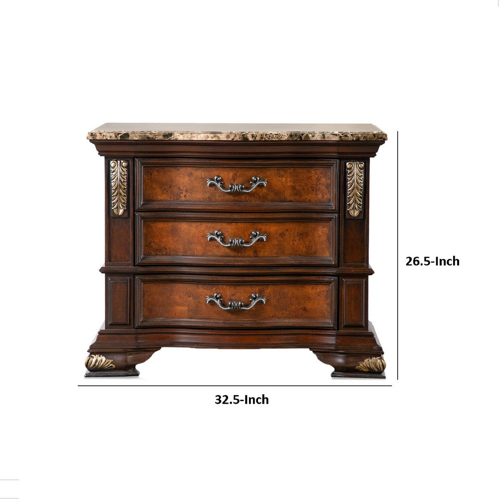 Benjara Iliana Nightstand, 3 Drawers, Ornate Oak And Dark Cherry Brown, 33 Inch