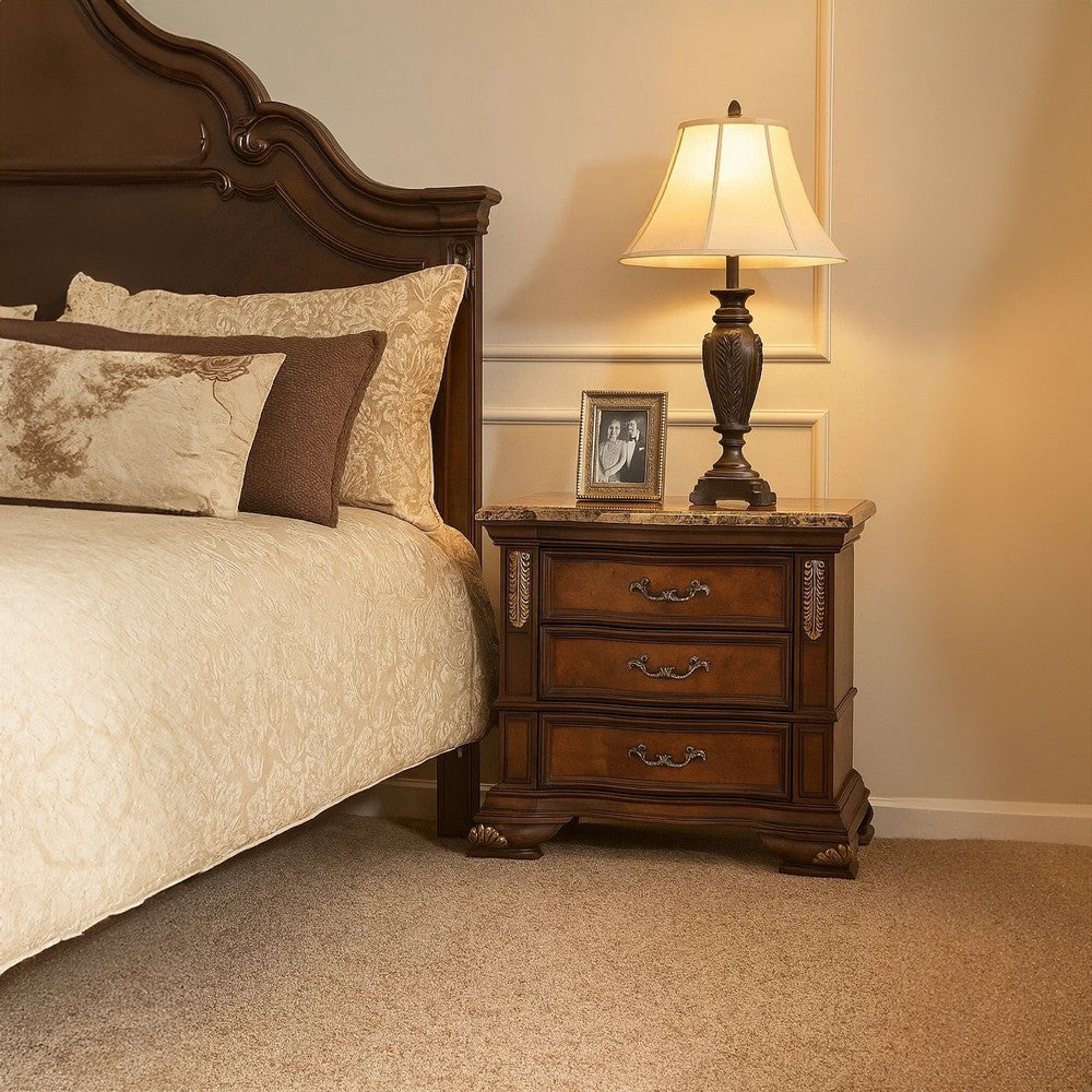 Benjara Iliana Nightstand, 3 Drawers, Ornate Oak And Dark Cherry Brown, 33 Inch