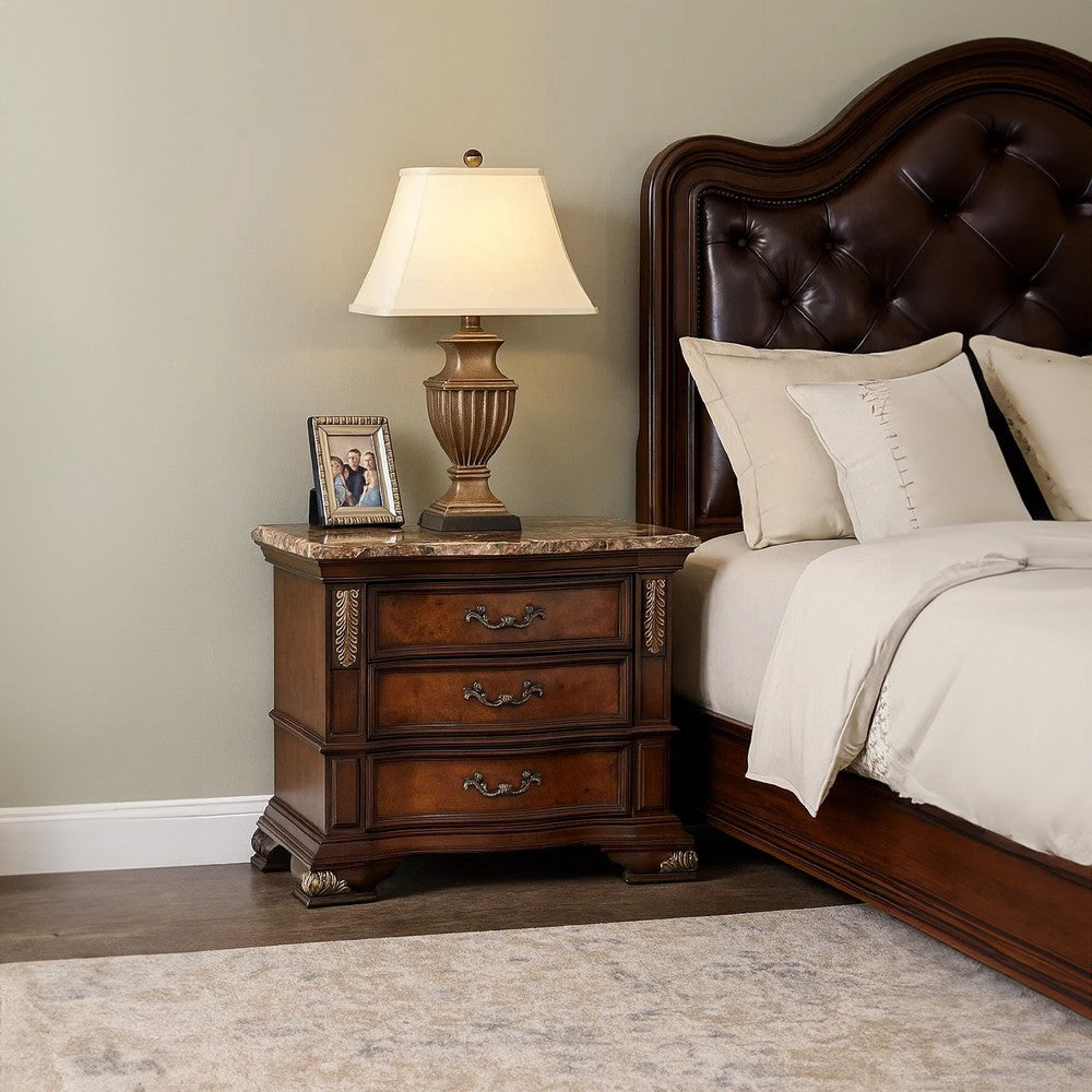 Benjara Iliana Nightstand, 3 Drawers, Ornate Oak And Dark Cherry Brown, 33 Inch