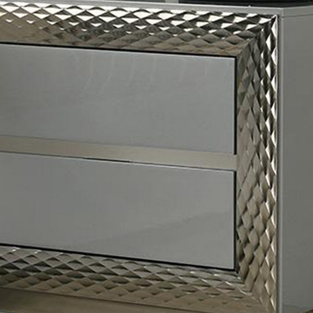 Benjara Vino 2 Drawer Nightstand, Plinth Base Gray Wood wity Silver Trim