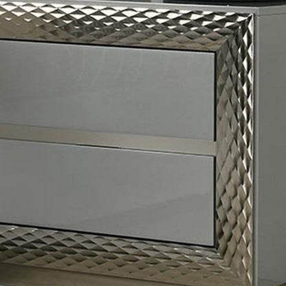 Benjara Vino 2 Drawer Nightstand, Plinth Base Gray Wood wity Silver Trim