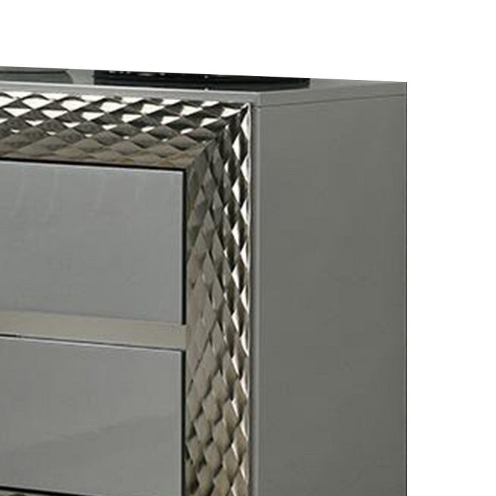 Benjara Vino 2 Drawer Nightstand, Plinth Base Gray Wood wity Silver Trim