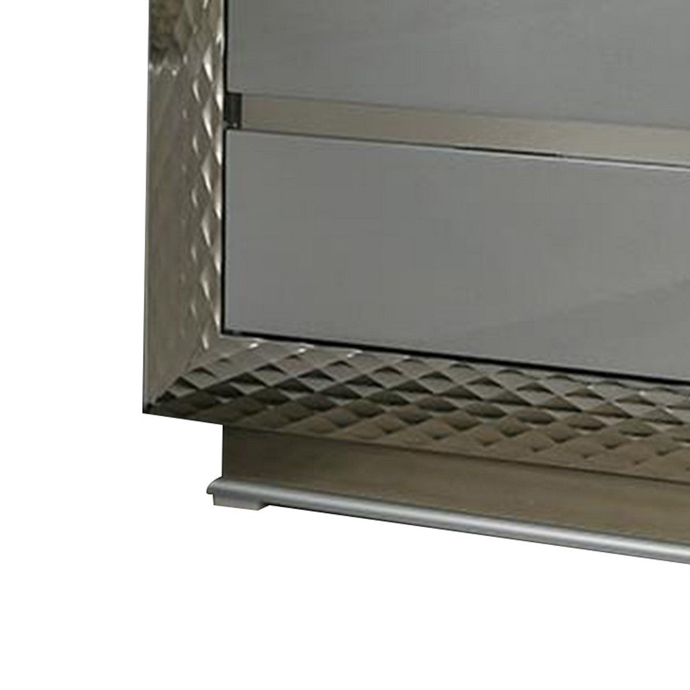 Benjara Vino 2 Drawer Nightstand, Plinth Base Gray Wood wity Silver Trim