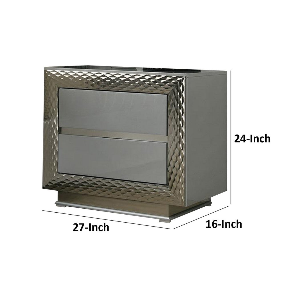 Benjara Vino 2 Drawer Nightstand, Plinth Base Gray Wood wity Silver Trim