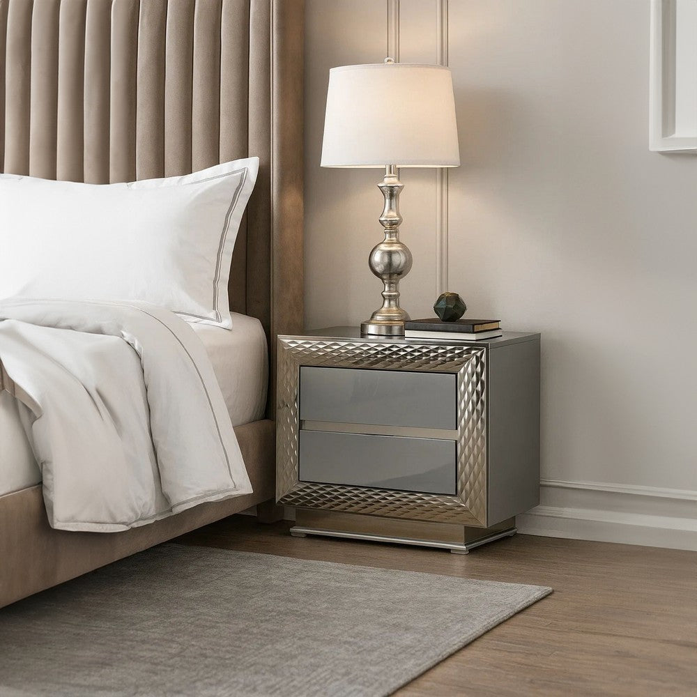 Benjara Vino 2 Drawer Nightstand, Plinth Base Gray Wood wity Silver Trim