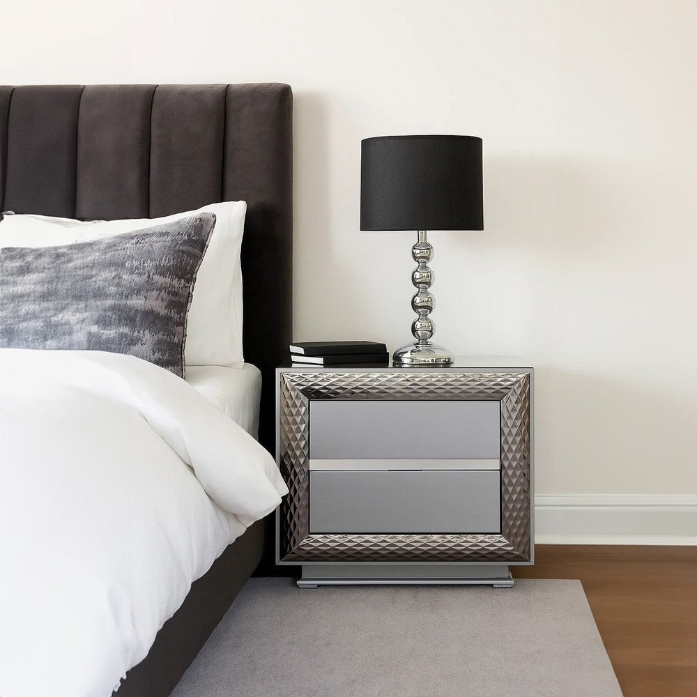 Benjara Vino 2 Drawer Nightstand, Plinth Base Gray Wood wity Silver Trim