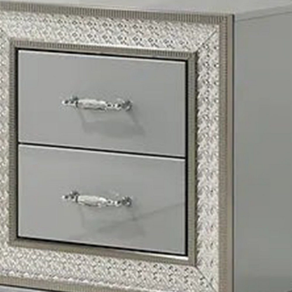Benjara Cyl Nightstand with 2 Drawers, Scale Molding Trim, Metallic Gray Wood