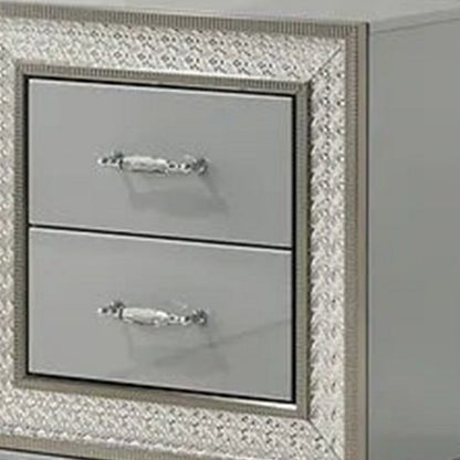 Benjara Cyl Nightstand with 2 Drawers, Scale Molding Trim, Metallic Gray Wood