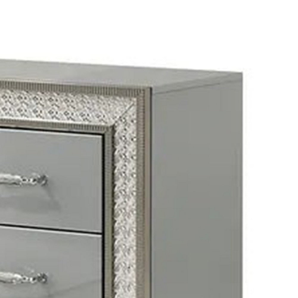 Benjara Cyl Nightstand with 2 Drawers, Scale Molding Trim, Metallic Gray Wood