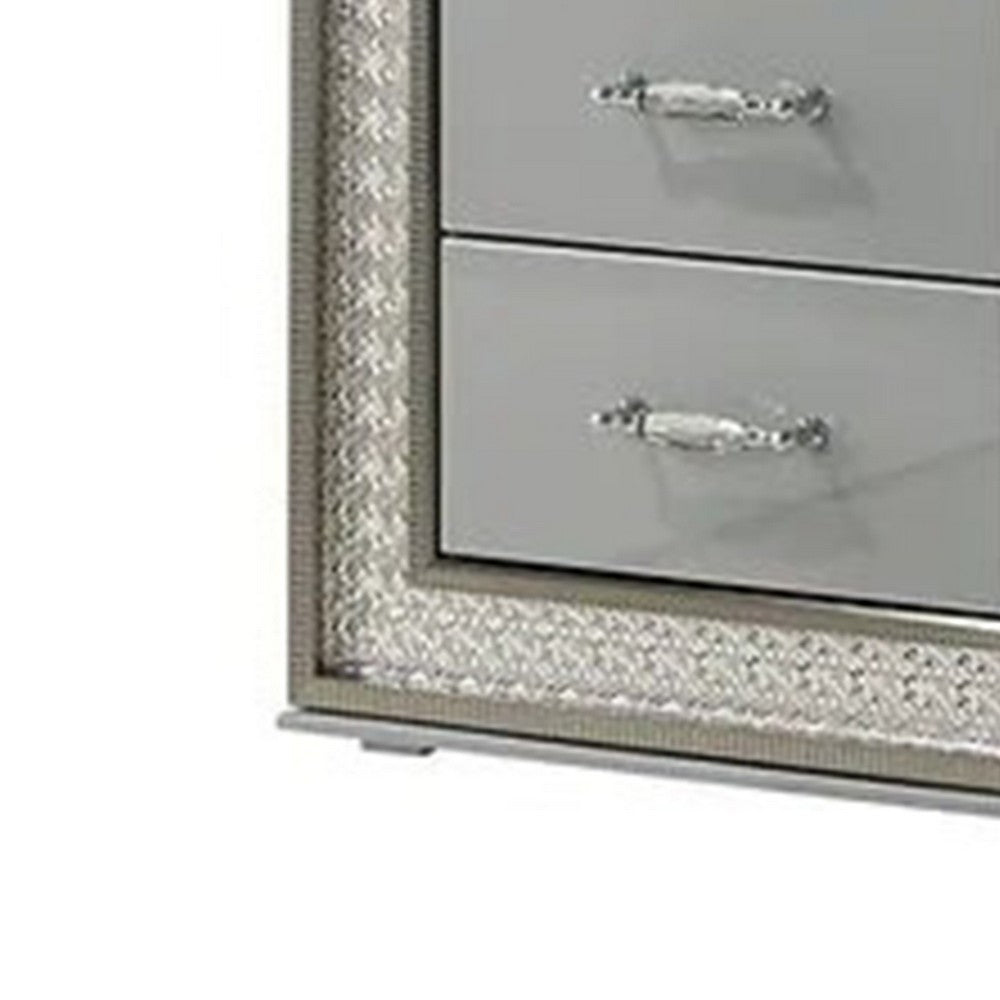 Benjara Cyl Nightstand with 2 Drawers, Scale Molding Trim, Metallic Gray Wood