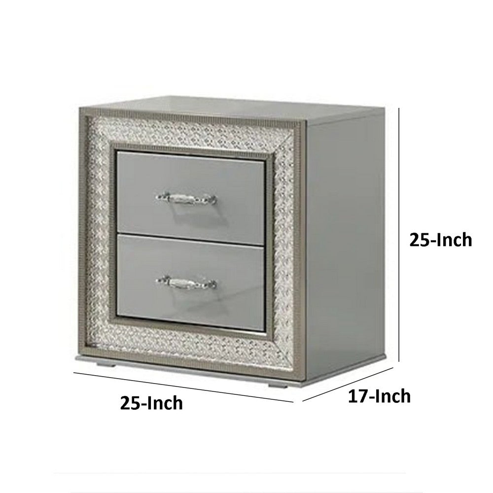 Benjara Cyl Nightstand with 2 Drawers, Scale Molding Trim, Metallic Gray Wood