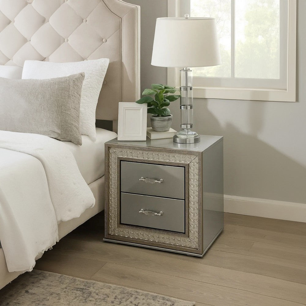 Benjara Cyl Nightstand with 2 Drawers, Scale Molding Trim, Metallic Gray Wood