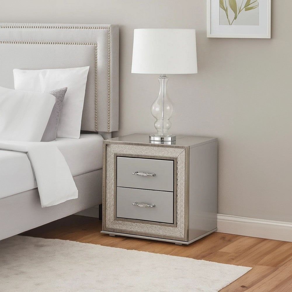 Benjara Cyl Nightstand with 2 Drawers, Scale Molding Trim, Metallic Gray Wood