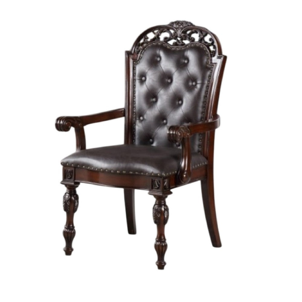 Benjara Eva Carved Dining Armchair Set of 2, Brown Tufted Faux Leather, Cherry