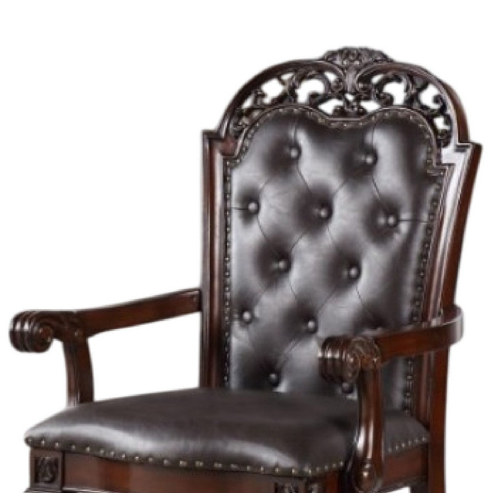 Benjara Eva Carved Dining Armchair Set of 2, Brown Tufted Faux Leather, Cherry