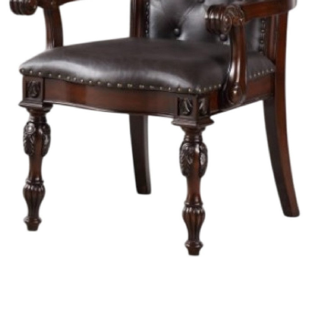Benjara Eva Carved Dining Armchair Set of 2, Brown Tufted Faux Leather, Cherry