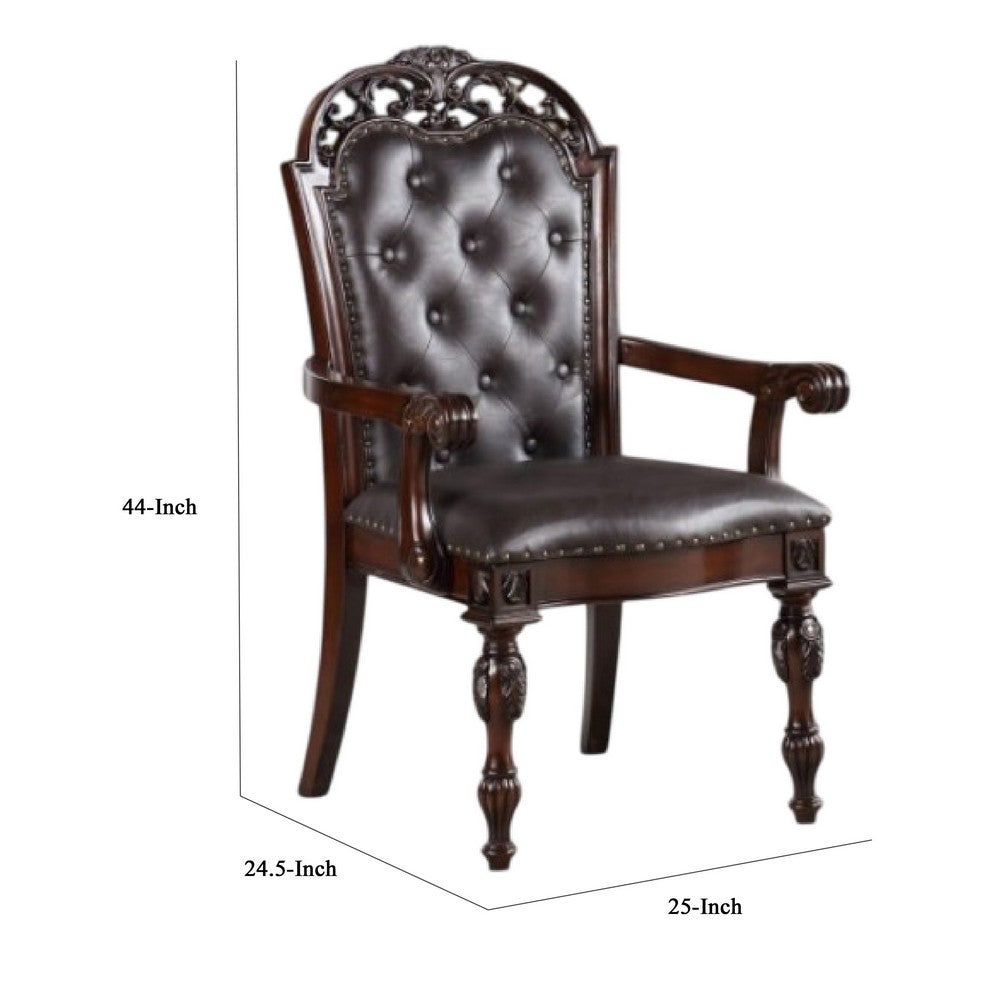 Benjara Eva Carved Dining Armchair Set of 2, Brown Tufted Faux Leather, Cherry