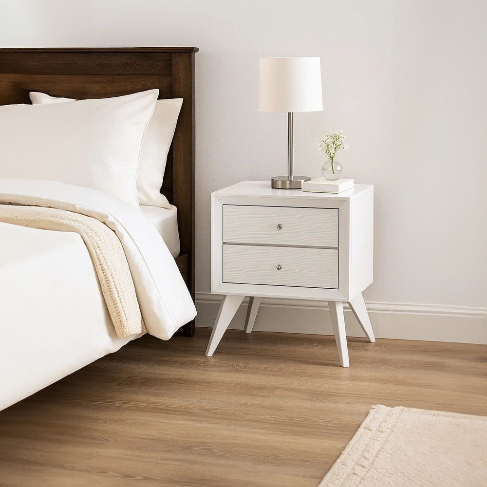 Benjara Tory Nightstand, 2 Drawers, White Solid Wood, Bronze Round Knobs