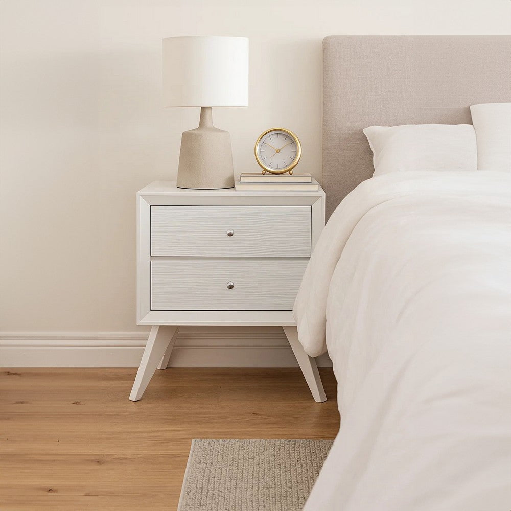 Benjara Tory Nightstand, 2 Drawers, White Solid Wood, Bronze Round Knobs