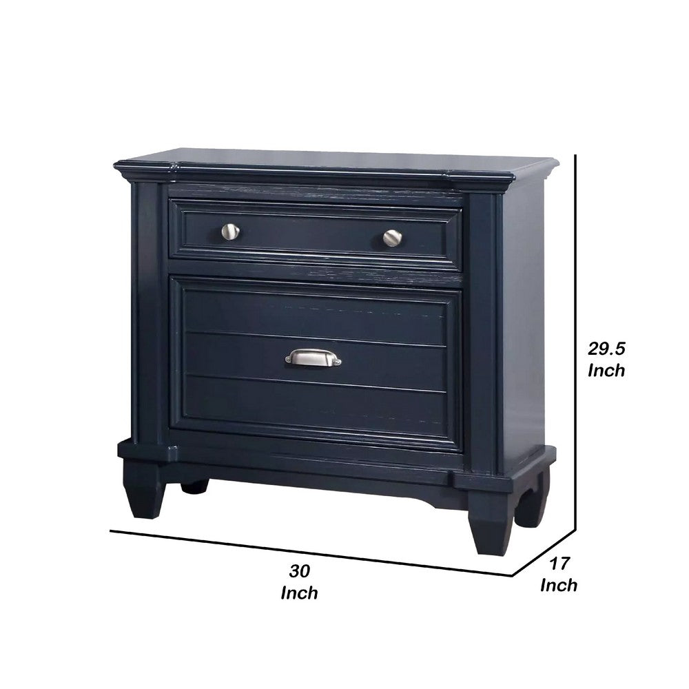 Benjara Zeny Nightstand, 1 Cup Handle Drawer w 1 Shelf, Slate Blue Solid Wood