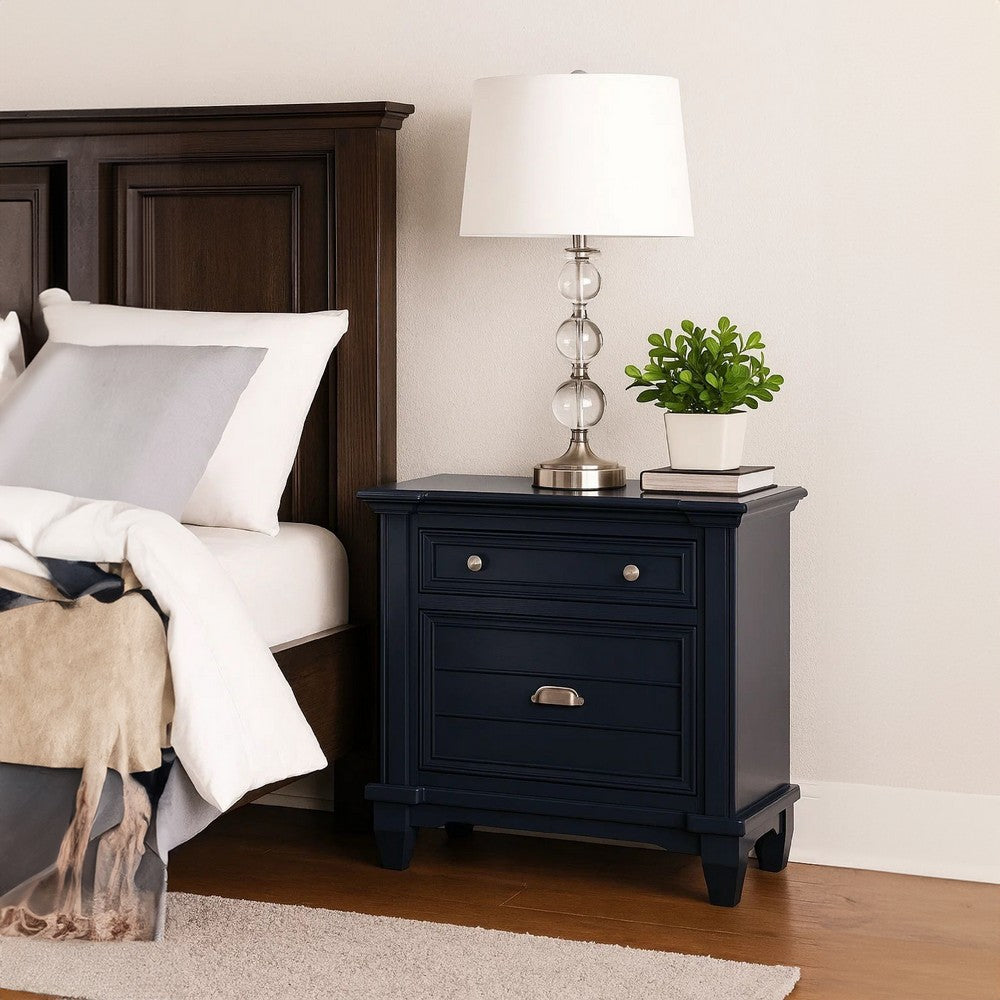 Benjara Zeny Nightstand, 1 Cup Handle Drawer w 1 Shelf, Slate Blue Solid Wood