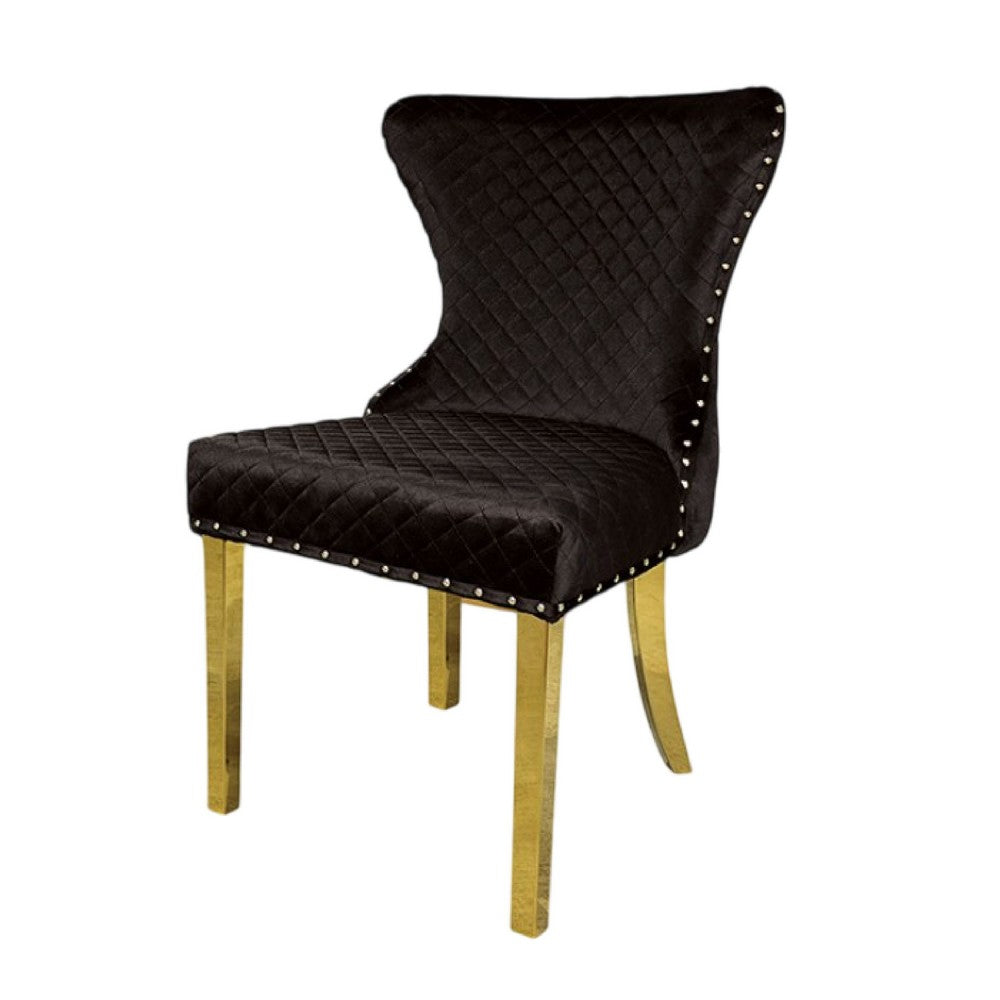 Benjara Anova Dining Side Chair Set of 2, Diamond Pattern Black Seat, Gold Leg