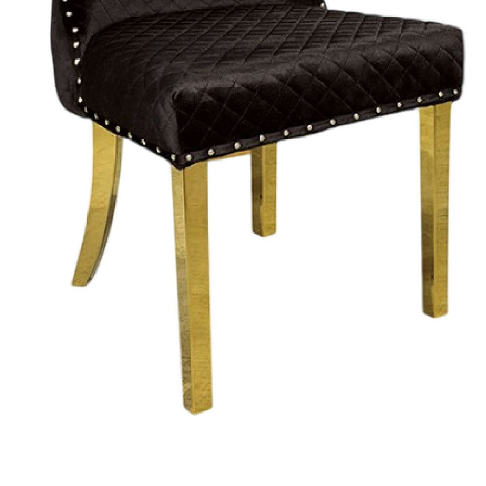 Benjara Anova Dining Side Chair Set of 2, Diamond Pattern Black Seat, Gold Leg
