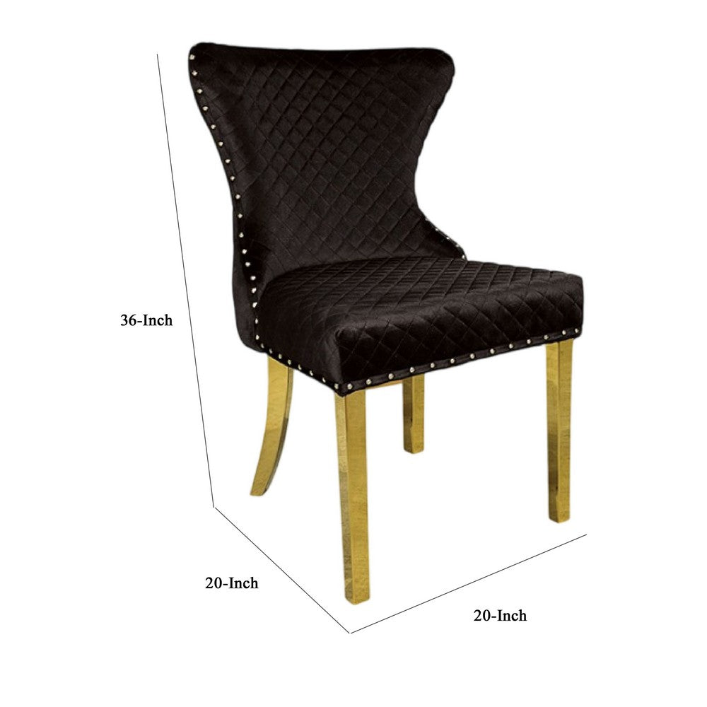 Benjara Anova Dining Side Chair Set of 2, Diamond Pattern Black Seat, Gold Leg