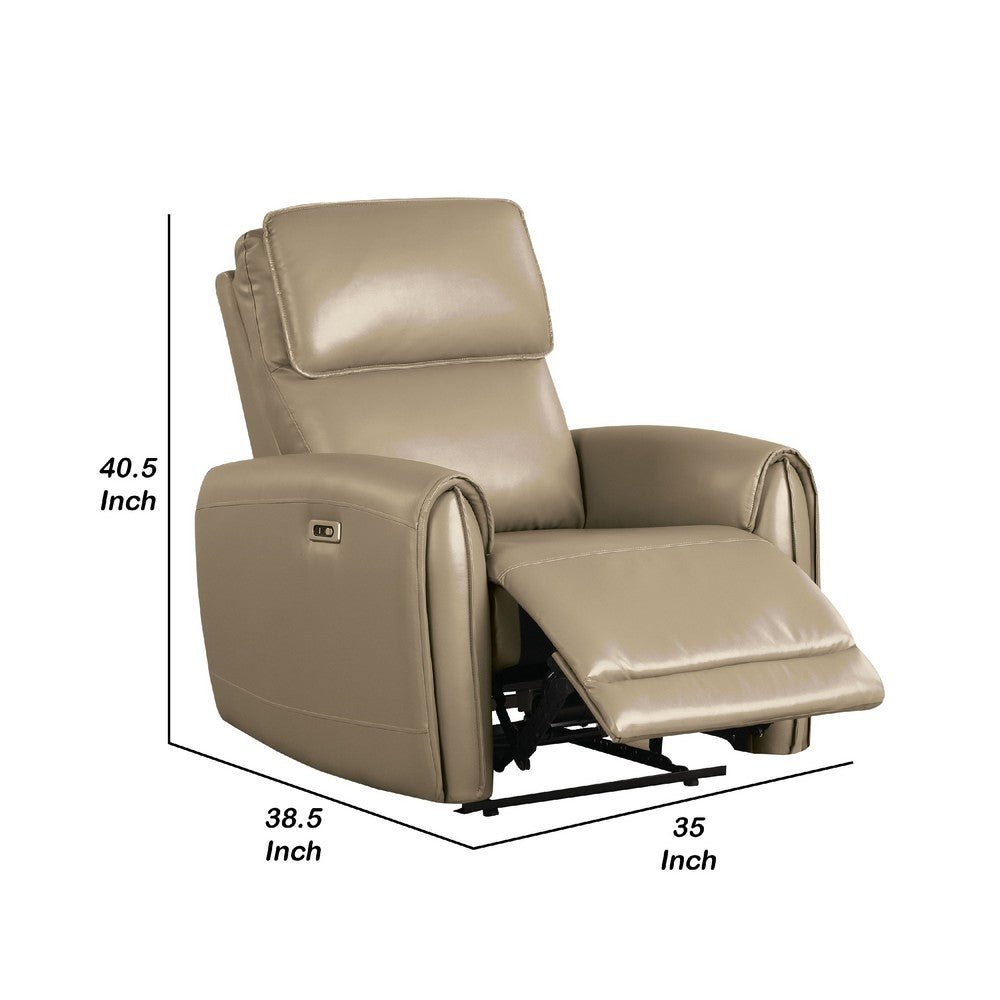 Benjara Sily Power Recliner Chair, Flange Trim, Foam Beige Faux Leather Seat