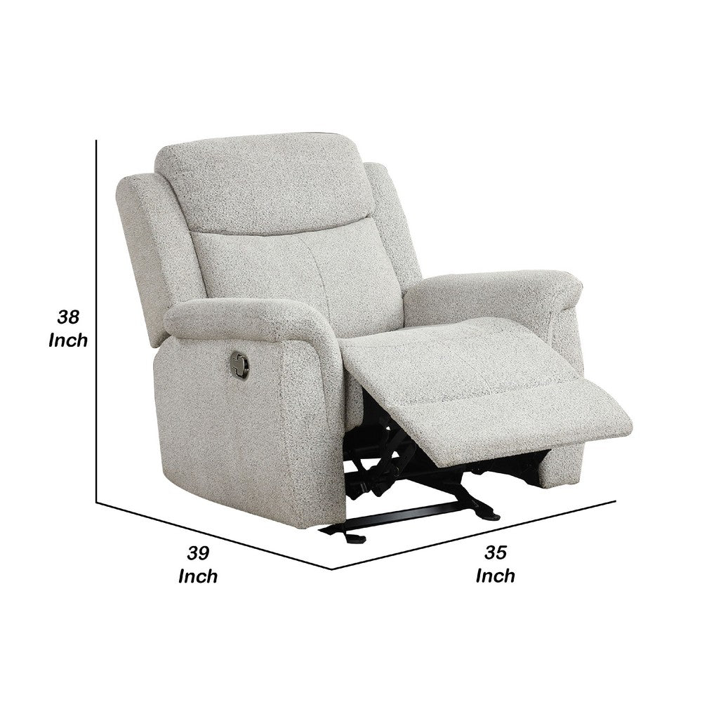 Benjara Becy Manual Glider Recliner Chair, Padded Track Arms, Light Gray