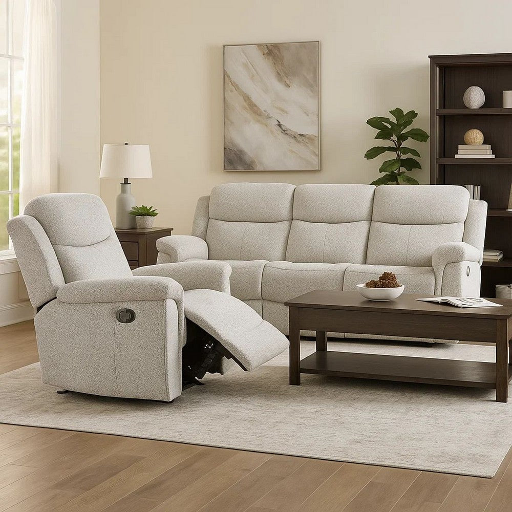 Benjara Becy Manual Glider Recliner Chair, Padded Track Arms, Light Gray