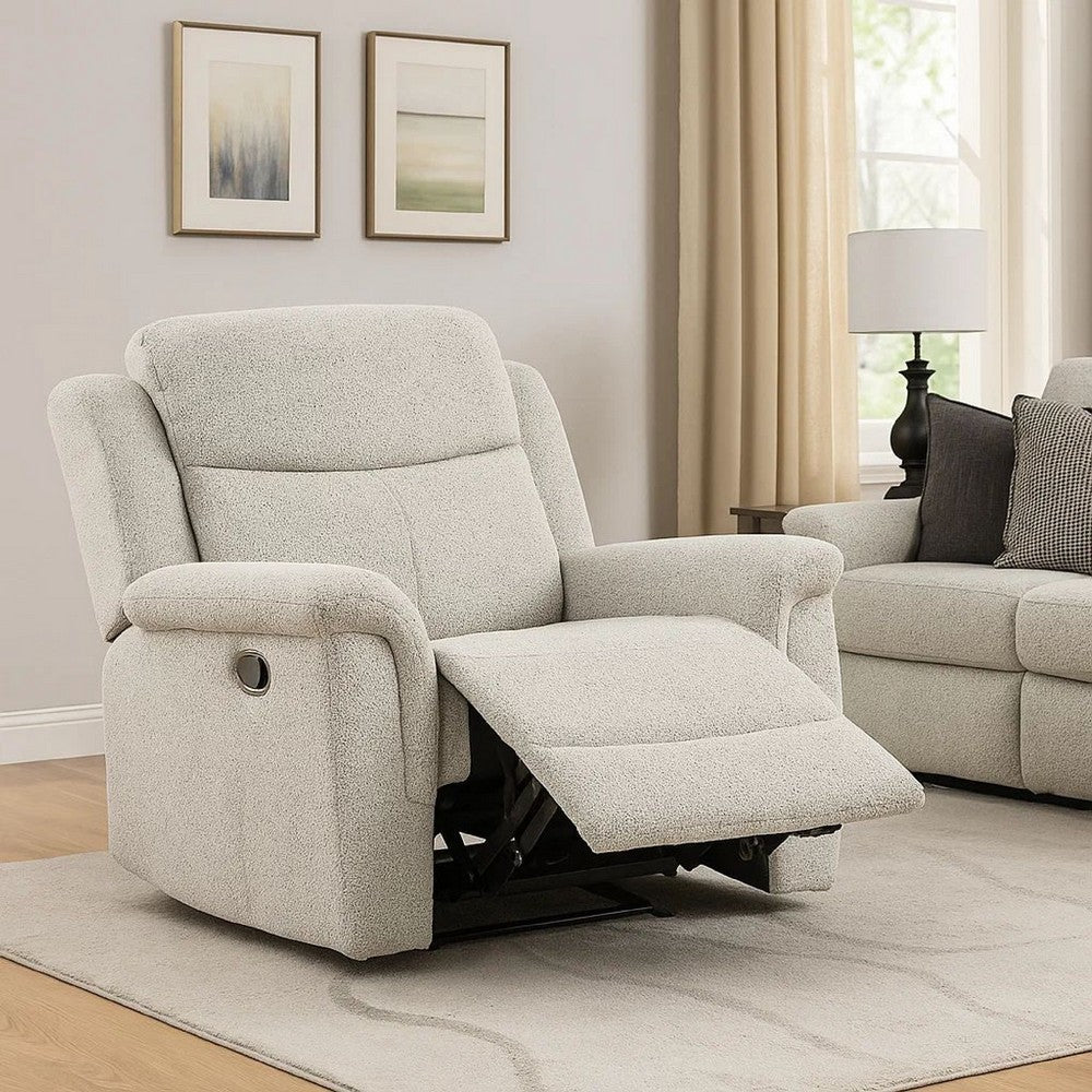 Benjara Becy Manual Glider Recliner Chair, Padded Track Arms, Light Gray