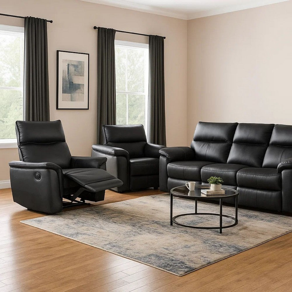 Benjara Lenne Manual Recliner Chair, Flared Padded Arms, Black Leather Match